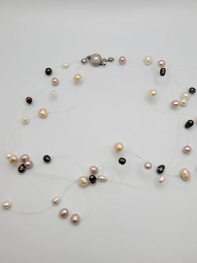 Multicolor Freshwater Pearl Floating Illusion Multi Strand Necklace 16"